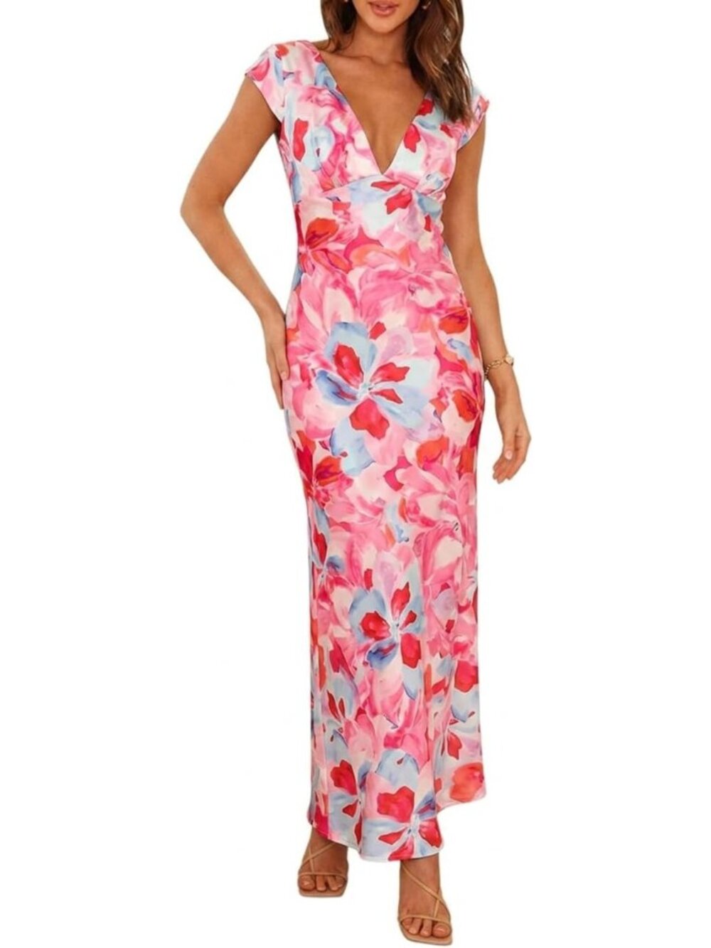 Women's Pinkfloral Satin V Neck Cap Sleeve Backless Wedding Guest Midi Dresses